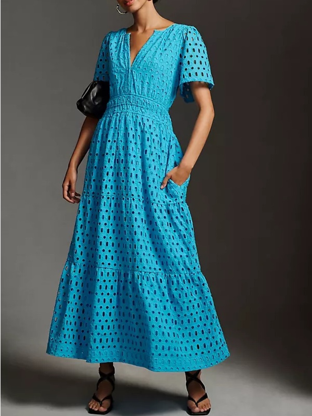 Anthropologie Somerset Turquoise Blue Eyelet Cutout Short Sleeve Maxi Dress XS